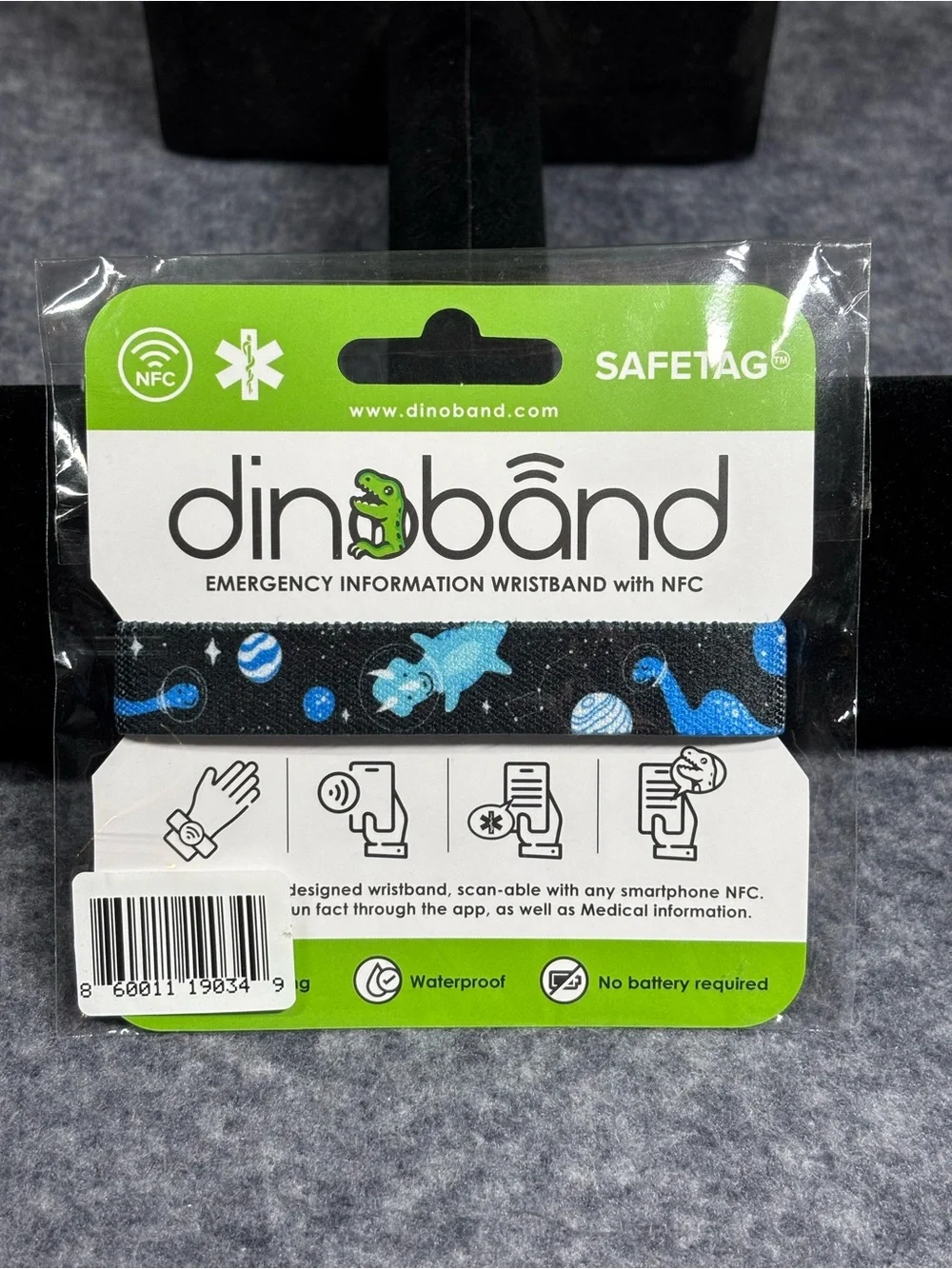SAFETAG NFC Emergency Wristband - Black with Blue Dinosaur Pattern